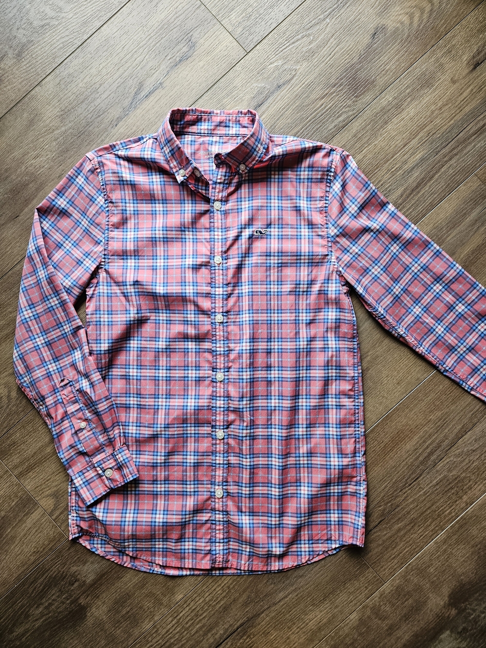 Boys Sz M (12-14) Vineyard Vines Coral and Blue Plaid Button-Down Shirt